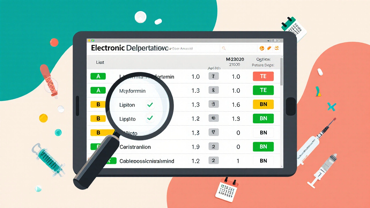 Digital screen showing FDA Orange Book search results with color-coded therapeutic equivalence codes.