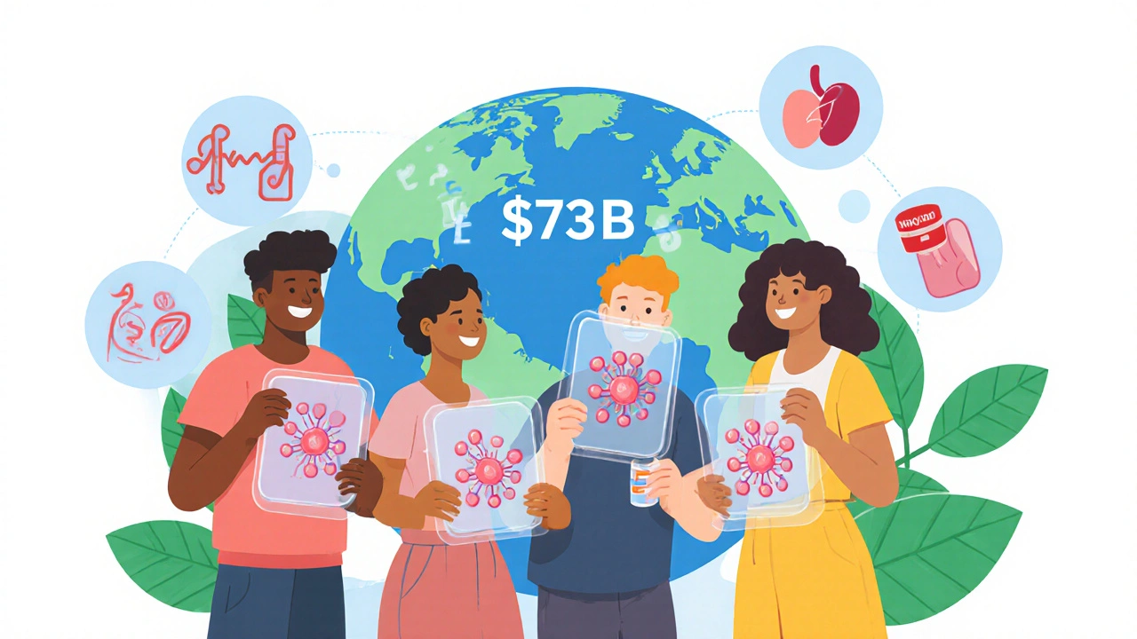 Diverse people holding generic pills with bloodstream molecules and global savings icons