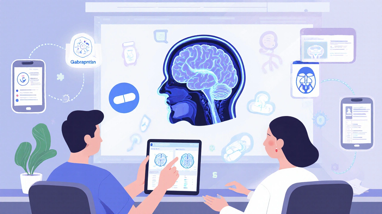 Doctor and patient reviewing a brain scan with emerging AUD treatment icons in a modern clinic.