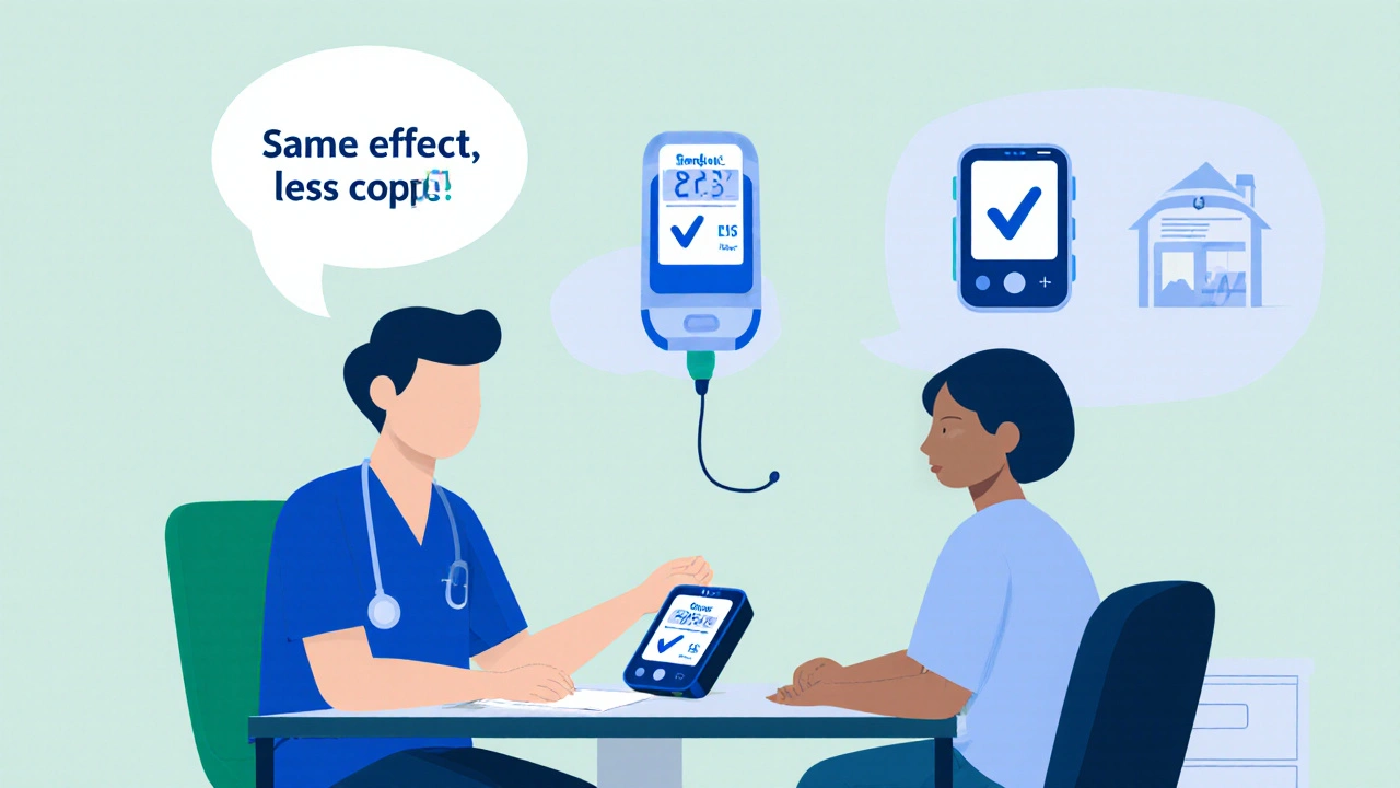 Doctor and patient reviewing glucose monitor with biosimilar insulin icons showing equal effectiveness.