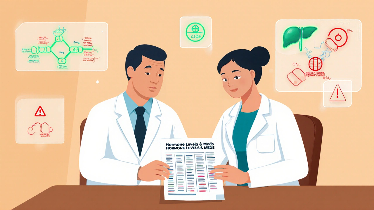 Doctor and patient reviewing hormone medication chart in clinic