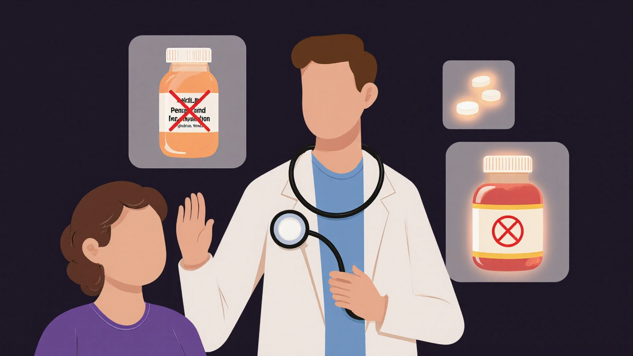Doctor and patient with floating antibiotic icons showing penicillin allergy alternative and macrolide options.