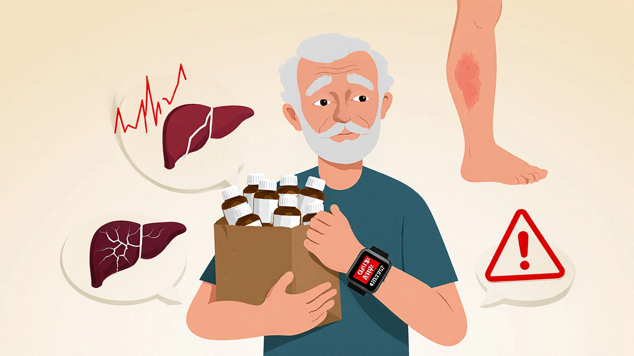 Elderly man holding pill bottles with medical warning icons floating around
