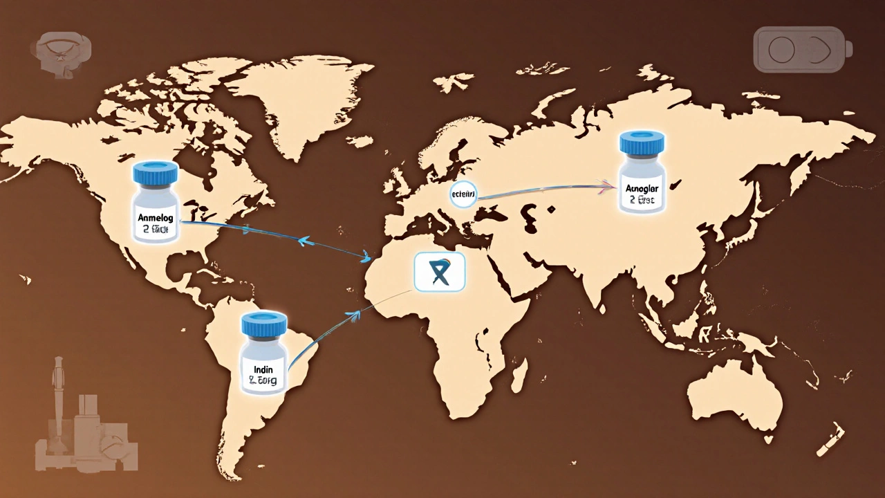Global map with arrows showing biosimilar insulin flow from production regions to countries with cost reduction.