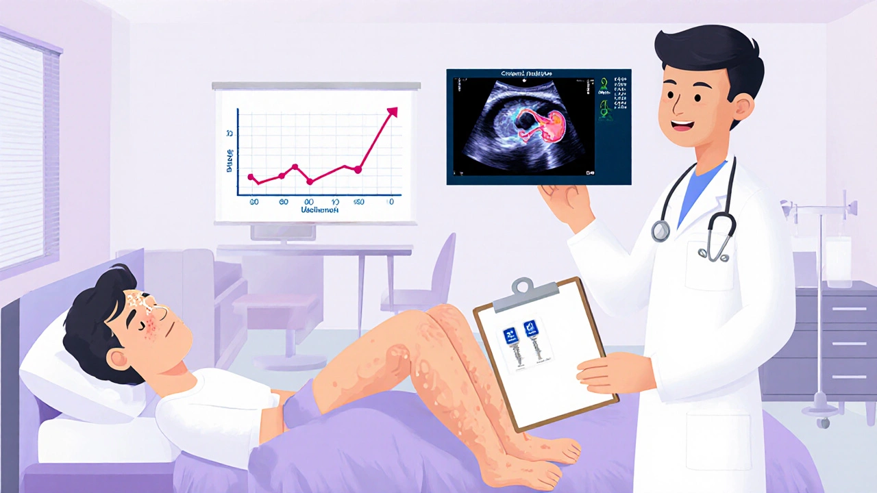 Hospital scene with patient showing swelling and doctor reviewing ultrasound and creatinine levels for AKI diagnosis.