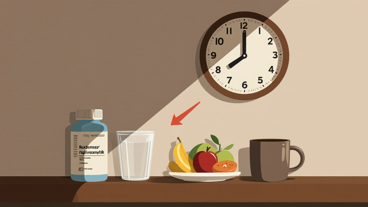 Morning scene with roxithromycin pill and empty glass, emphasizing taking on empty stomach.