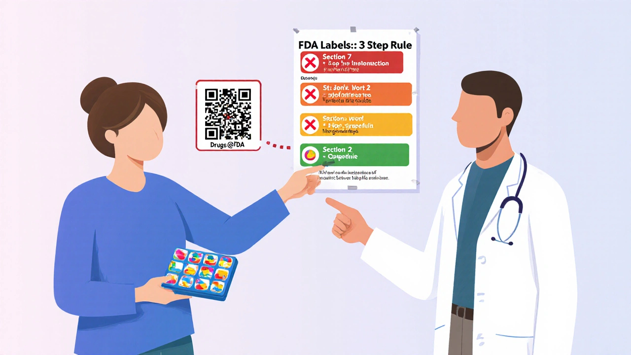 Patient and doctor reviewing FDA 3-step rule chart with warnings about herbs and supplements.