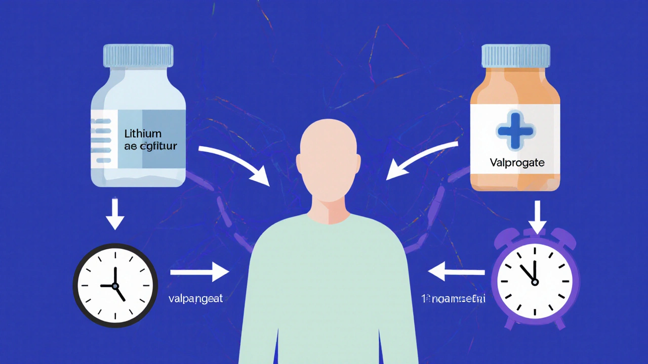 Patient connected to three mood stabilizers with arrows showing conflicting drug interactions and metabolite buildup.