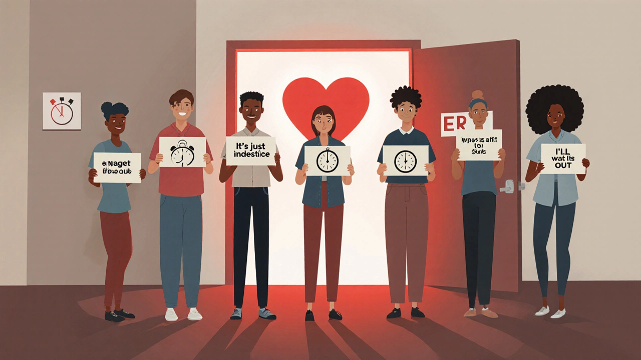 People holding misconceptions about chest pain while a glowing heart counts down to emergency care.