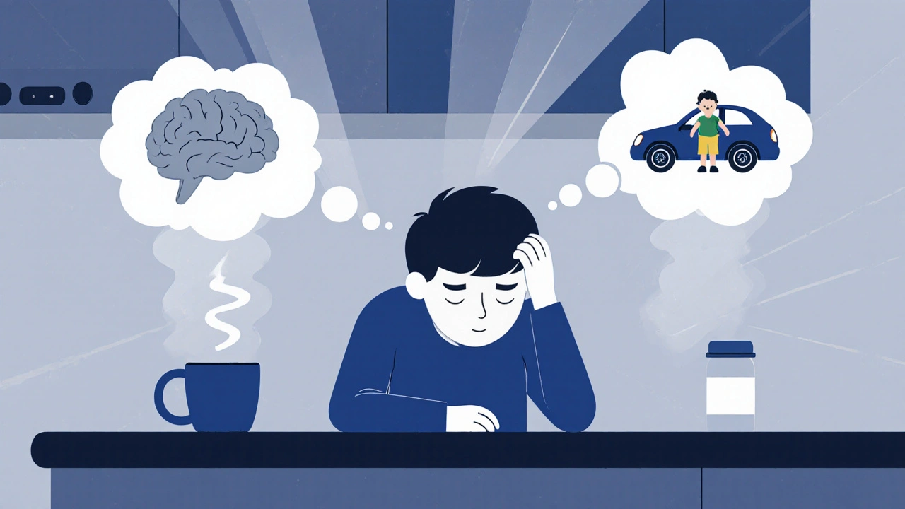 Person feeling drowsy at kitchen counter with foggy thought bubbles, showing opioid-induced mental slowing.