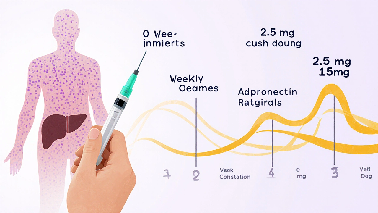 Person injecting tirzepatide with visual representation of fat loss and dosing schedule over 20 weeks.