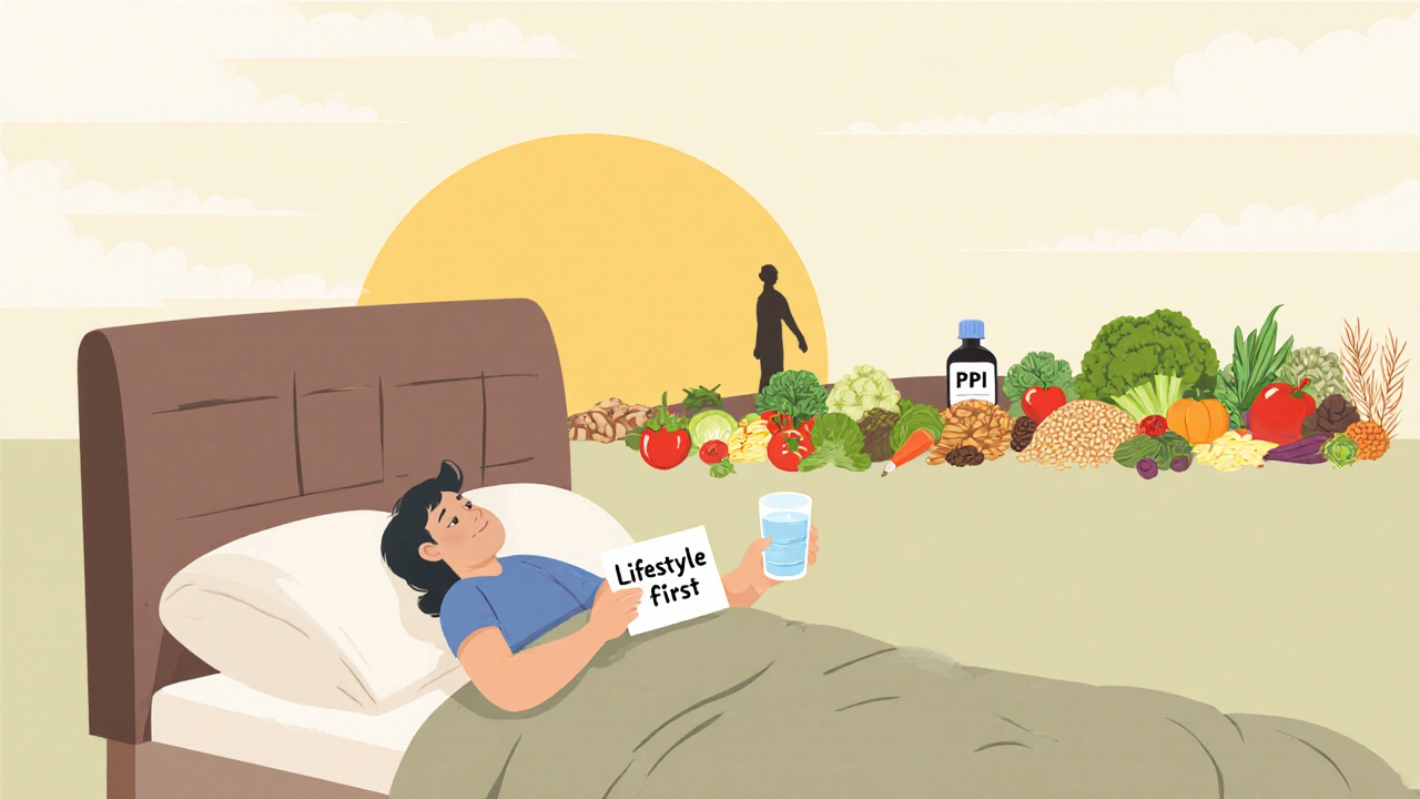 Person sleeping with raised bed and healthy lifestyle choices, while a PPI pill fades away in the background.