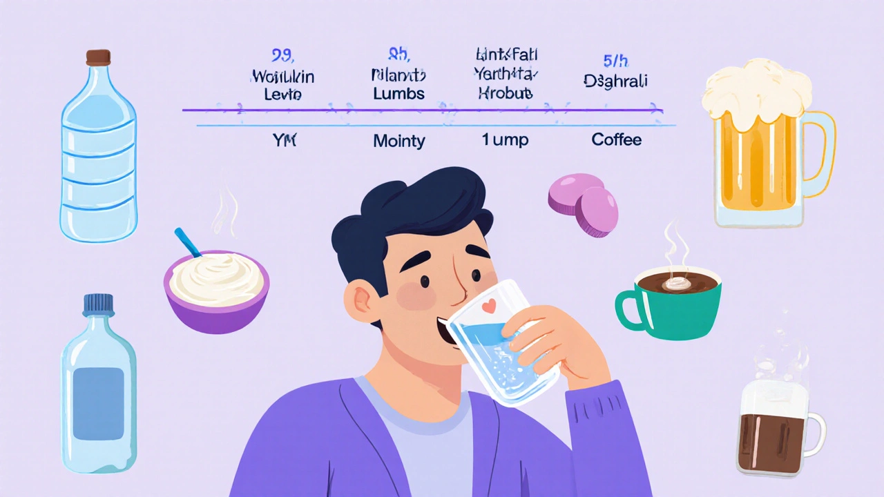 Person taking medication and drinking water, with uric acid levels dropping over time.