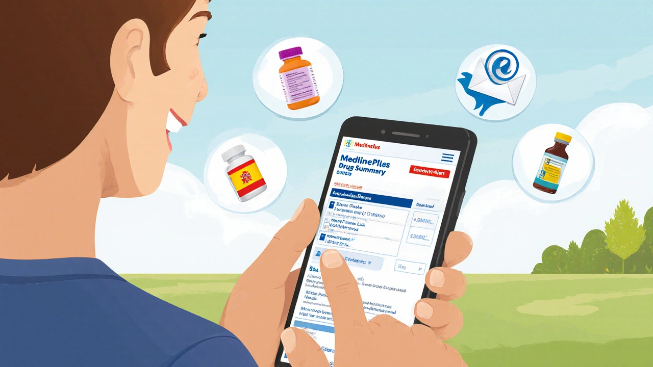 Person using a smartphone to check MedlinePlus drug info with Spanish toggle and email alert icons floating nearby.