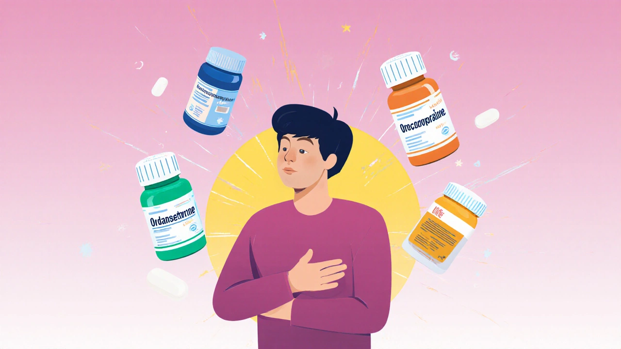 Person with nausea surrounded by three anti-nausea medications, symbolizing treatment options and hope.
