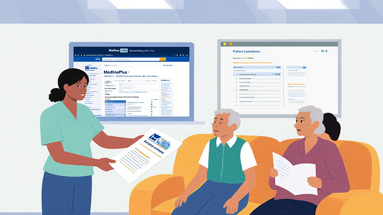 Pharmacist giving a printed MedlinePlus drug summary to an elderly patient in a clinic, with family member reading nearby.
