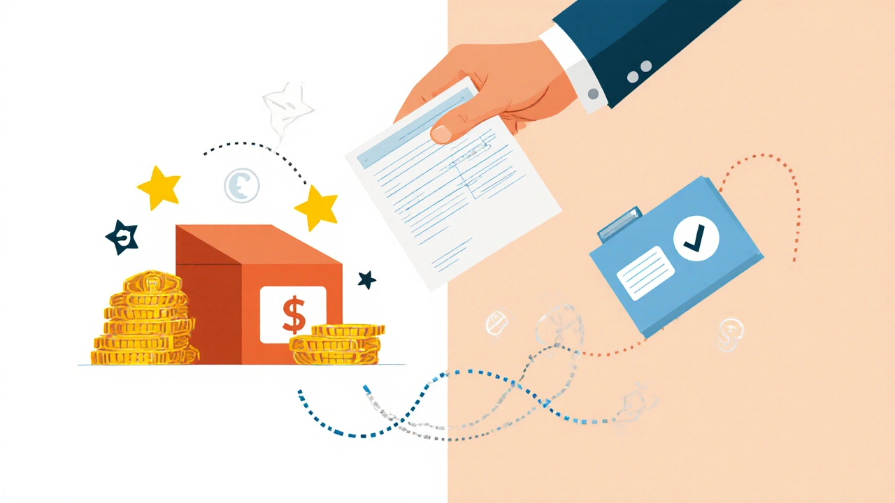 Pharmacist giving prescription with split background showing brand vs generic cost difference