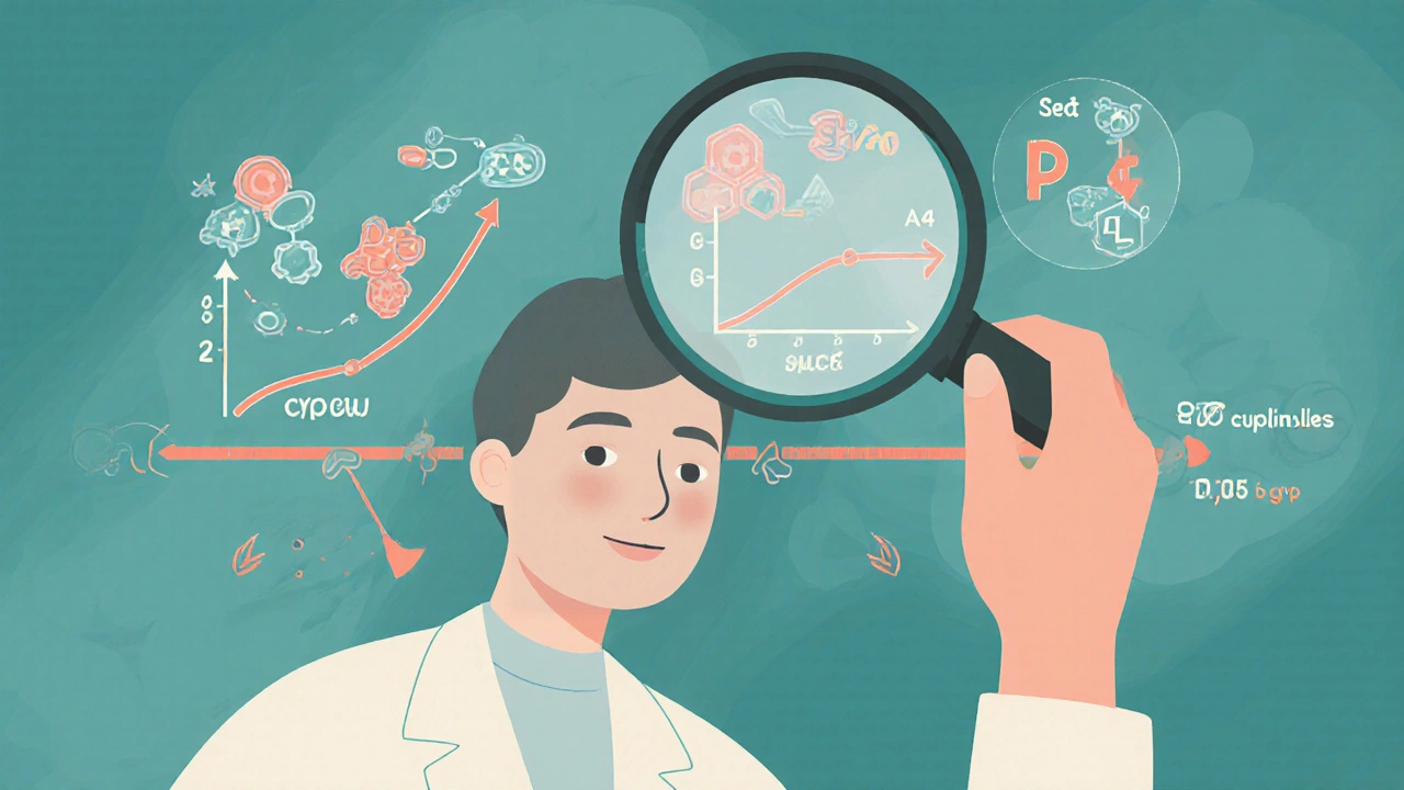Pharmacist using magnifying glass to examine drug interaction science with AUC curve and enzyme icons.