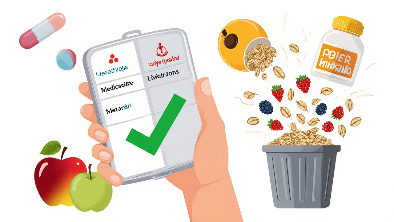 Pill organizer with separated compartments for meds and fiber, surrounded by healthy foods.