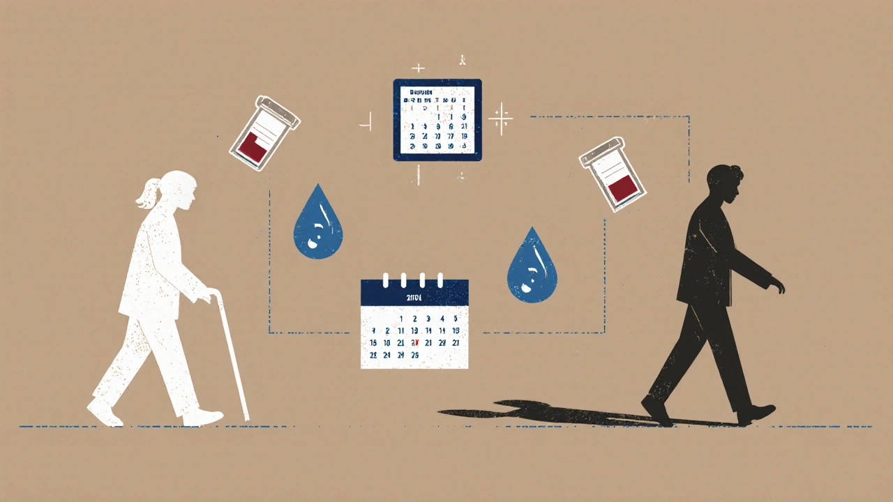 Recovery timeline showing a person walking with cane, followed by health icons and AI alerts after hospital discharge.