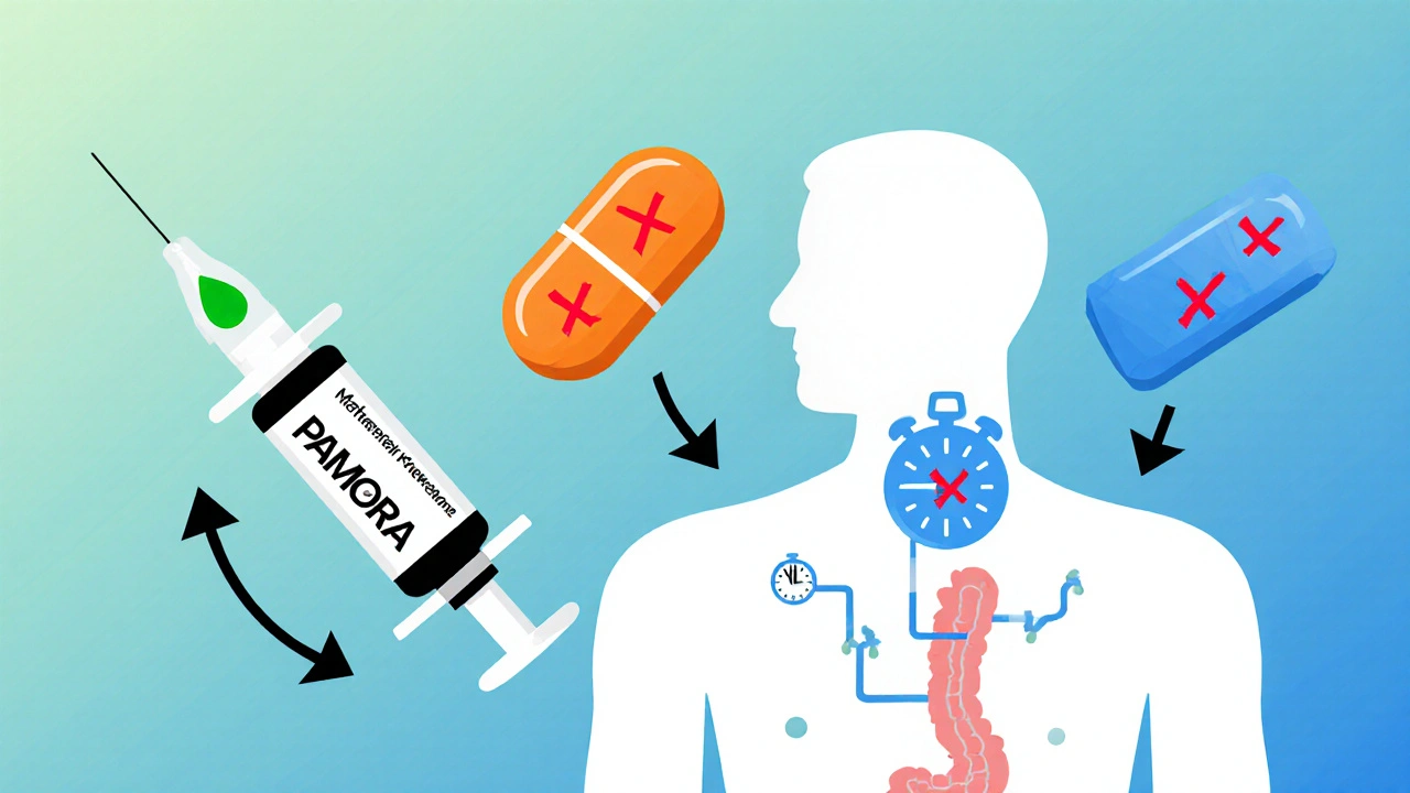 Three PAMORA medications illustrated as pills and syringe, each acting only in the gut with no brain interaction.