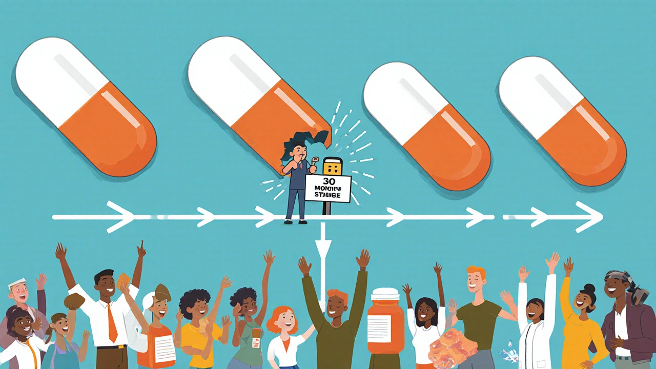 Timeline showing a brand drug turning into generics as a patent lock breaks open.