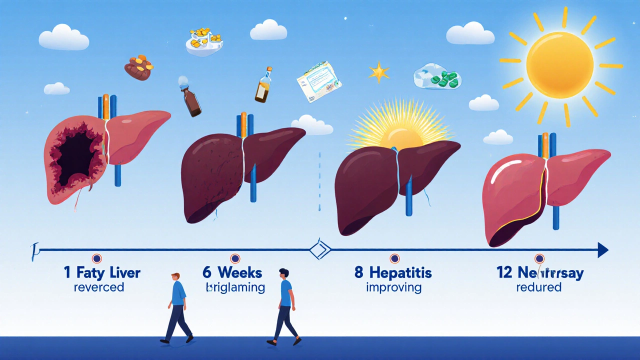 Timeline showing liver recovery from damage to healing, with nutritional and therapeutic icons.