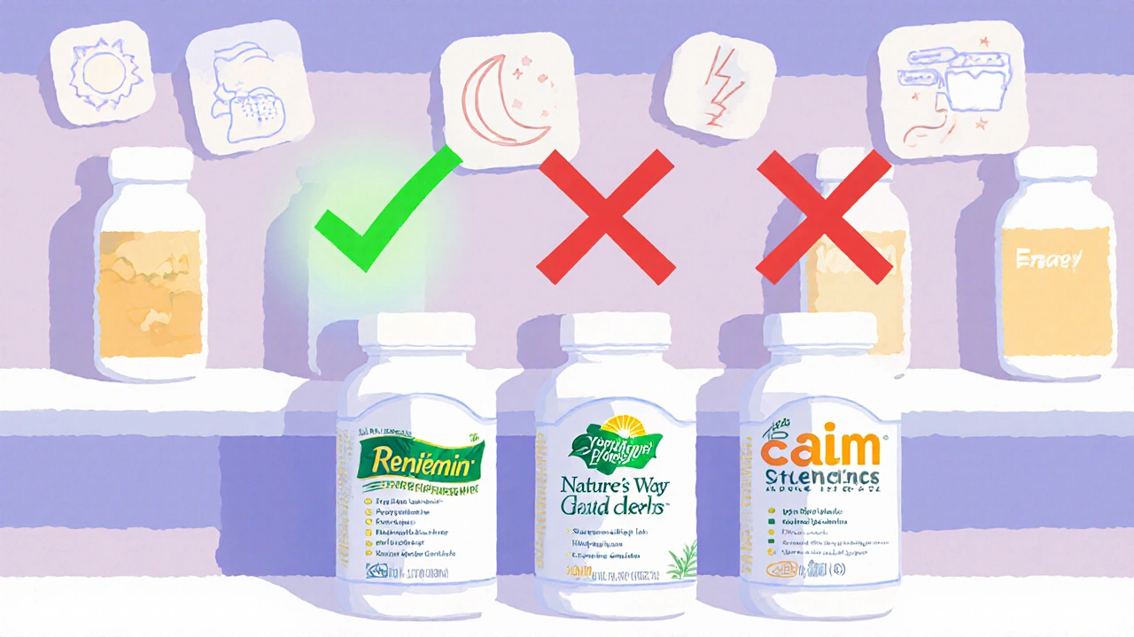 Trusted black cohosh supplements on a pharmacy shelf with glowing checkmarks, untrusted bottles crossed out.