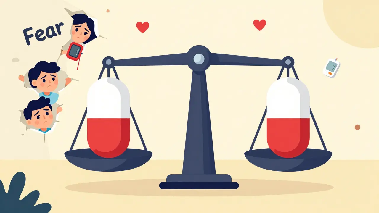 A balanced scale showing brand and generic pills as equal, with health icons and fear crumbling away.