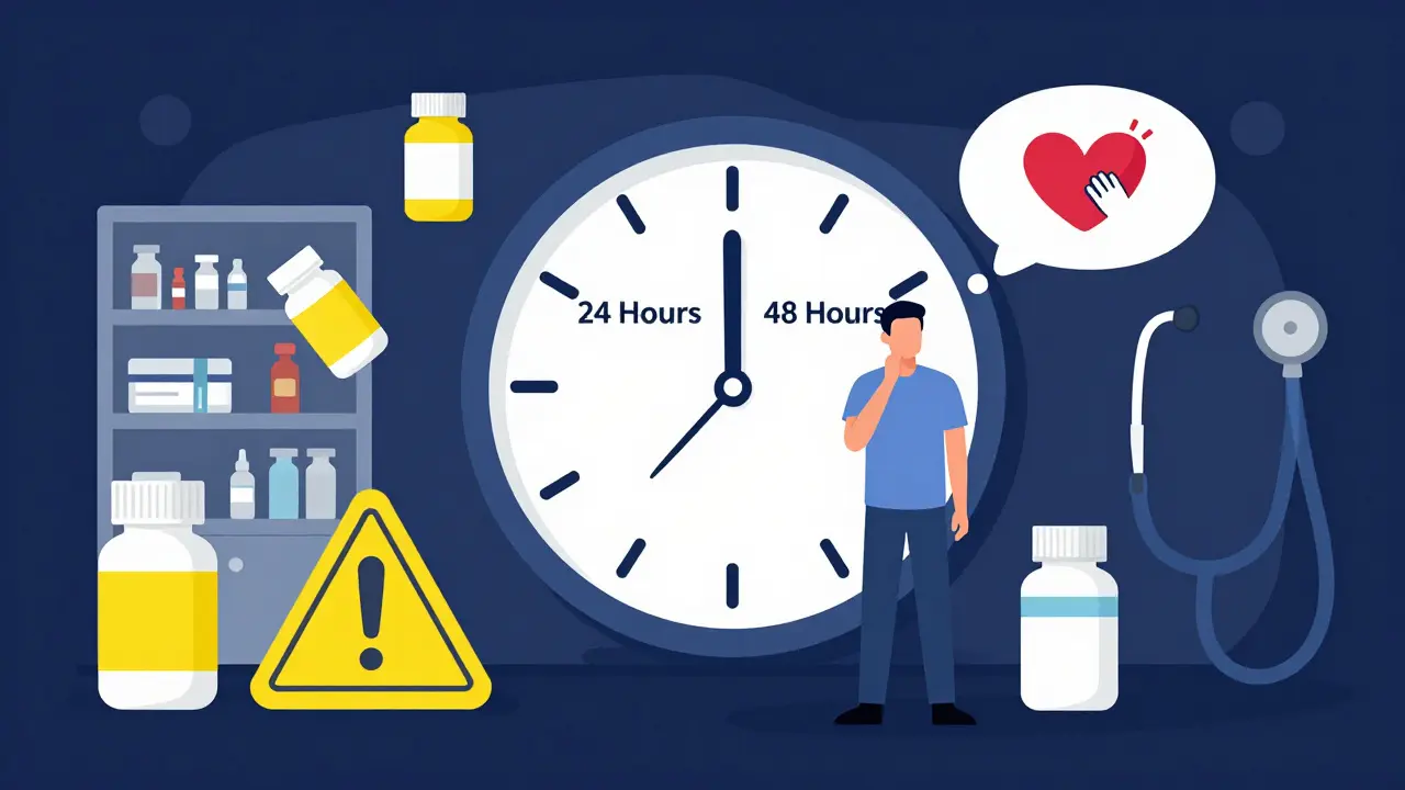 A clock showing 24 and 48 hour gaps between PDE5 inhibitors and nitrates, with warning symbols and pill bottles.