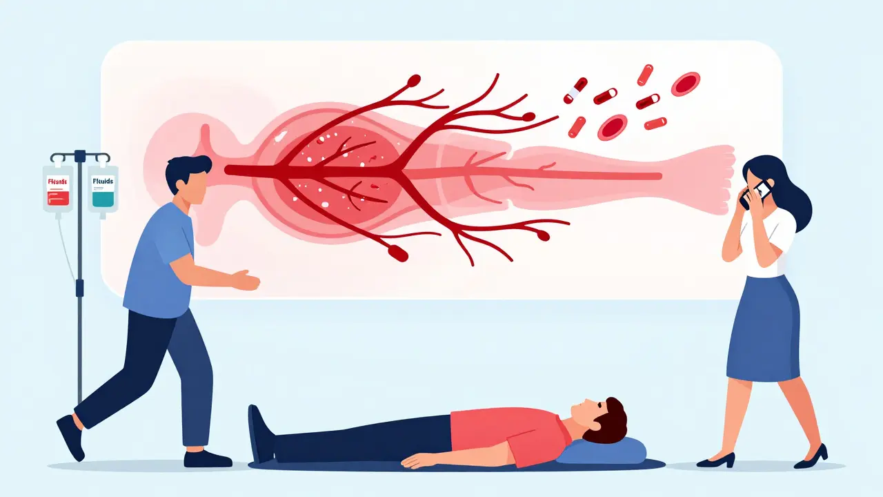 A man lying on the floor with paramedics administering IV fluids during a hypotension emergency.