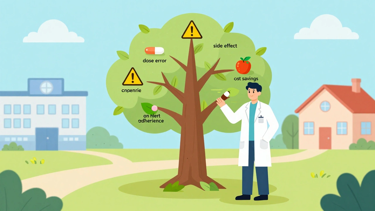 A medication tree with safety and cost-saving benefits as fruits and warning leaves.