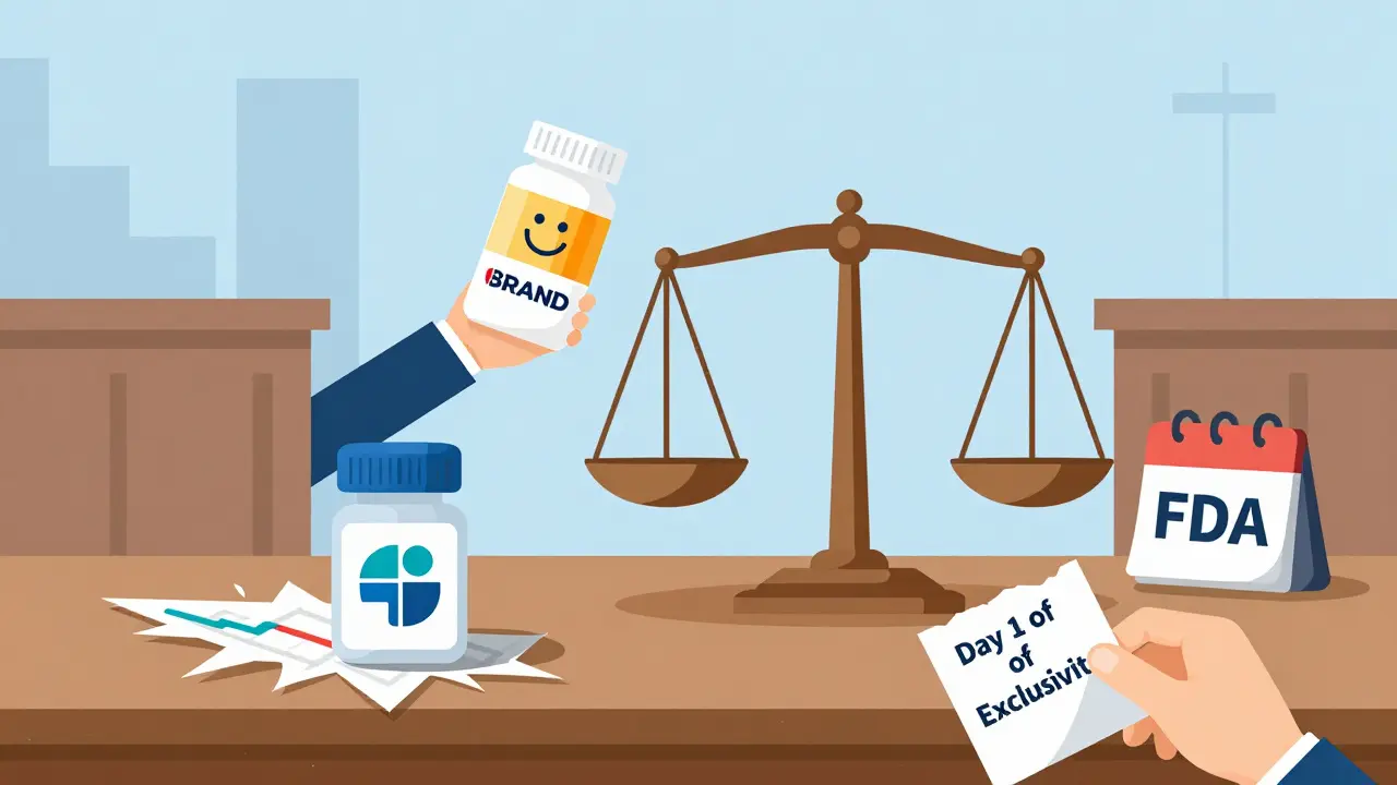 A small generic company's financial chart collapses under the shadow of a brand-name company holding a rebranded pill.