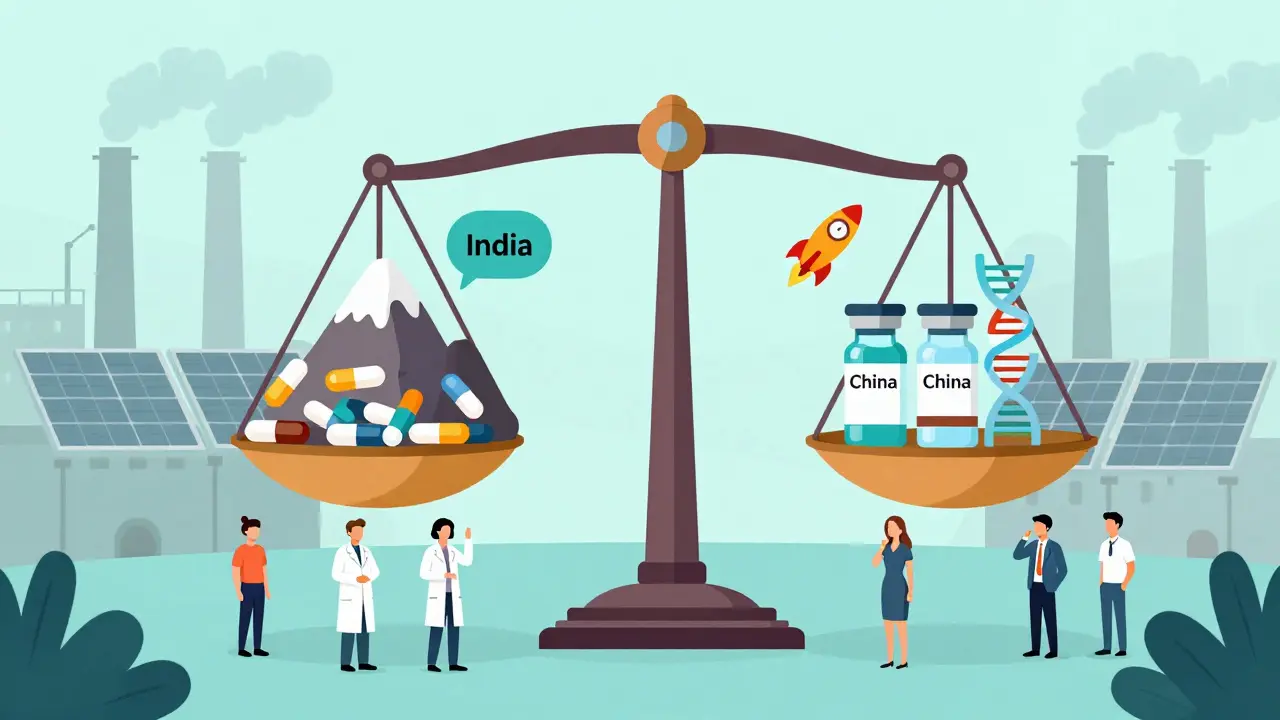 Balanced scale with India's pills and China's biologics, patients and regulators watching below