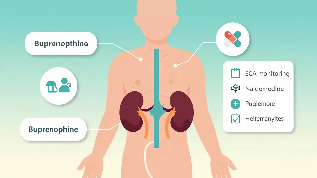 Body diagram showing safe buprenorphine circulation and toxic metabolites trapped in kidneys with safety checklist icons.