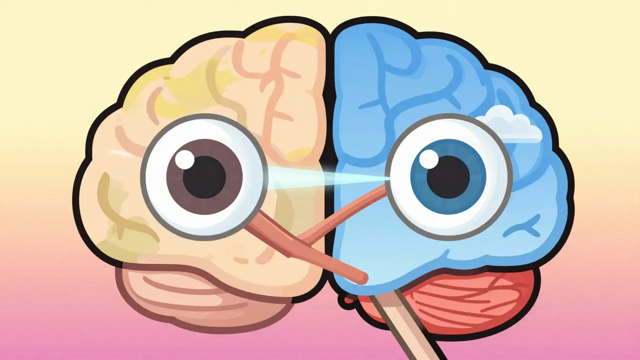 Brain showing before and after vision: blurry vs. sharp, with a laser correcting lens clouding.