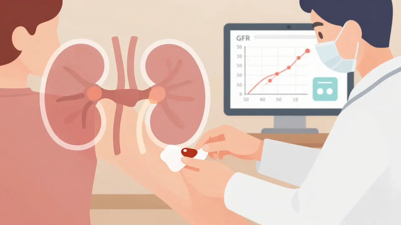 Clinician applying a fentanyl patch to a patient with a visual GFR chart showing safe opioid levels.