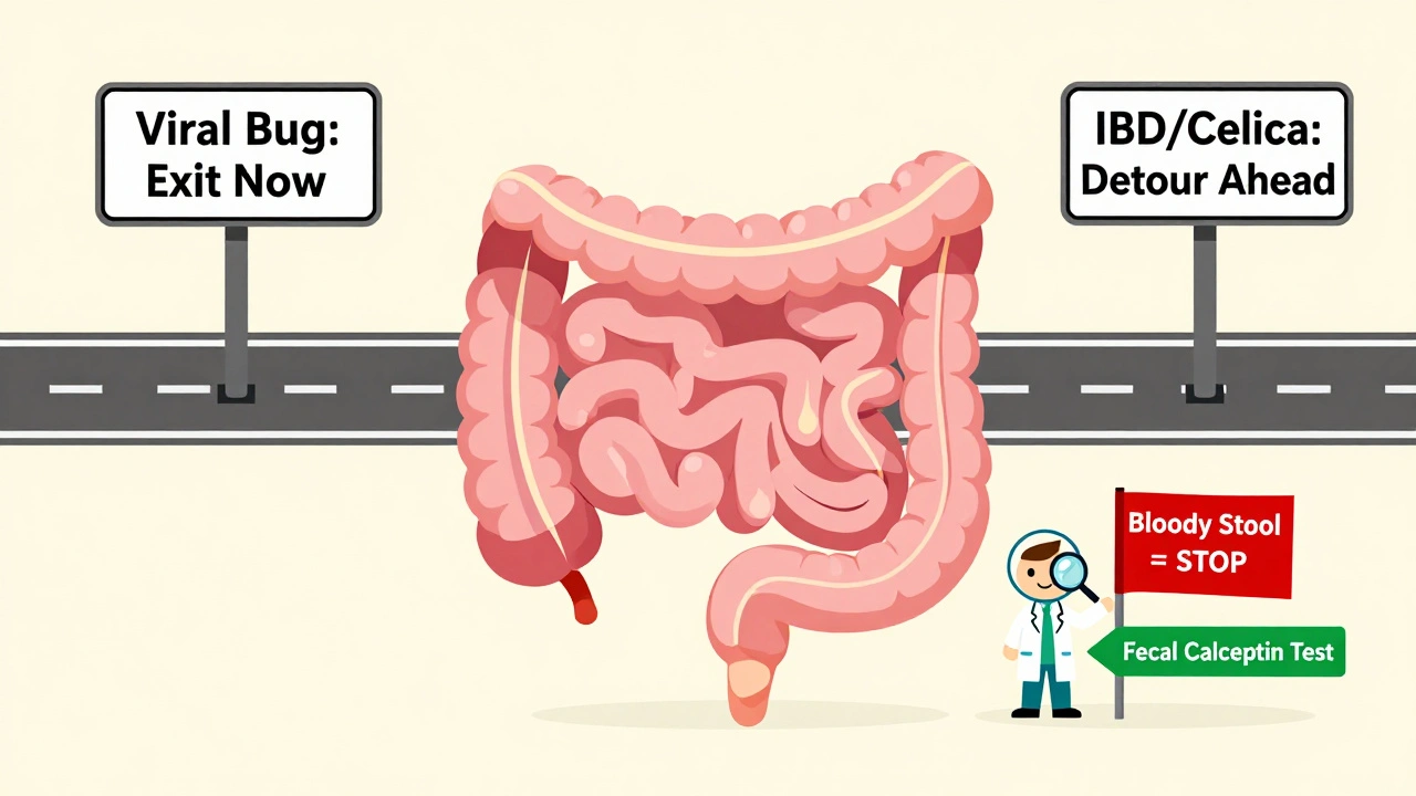 Comic-style gut highway with signs for viral bugs and serious conditions like IBD