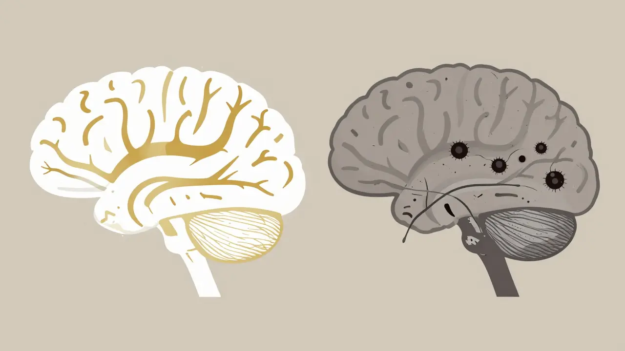 Contrasting healthy and degenerating brain regions with immune cell clusters near meninges.
