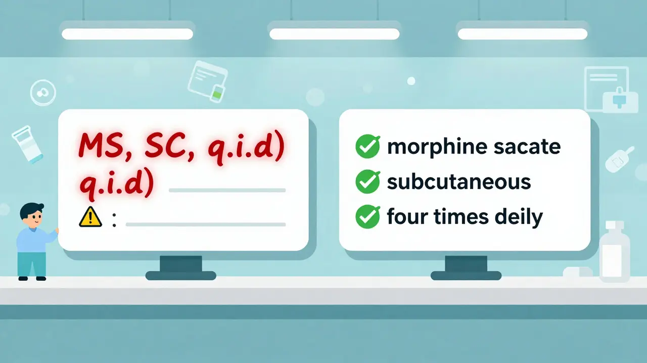 Contrasting prescription labels: dangerous old abbreviations vs. safe modern English terms at a pharmacy counter.