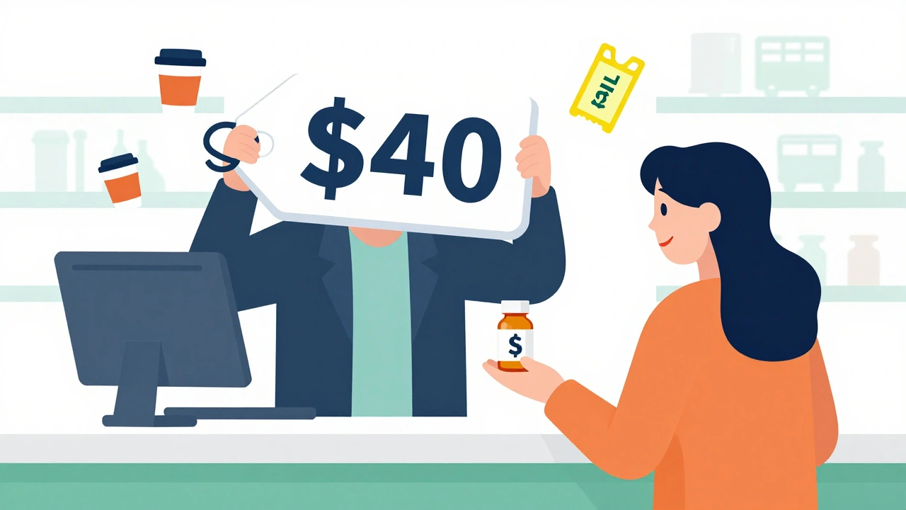 Customer receives affordable generic pill at pharmacy while a suit holds inflated price tag.