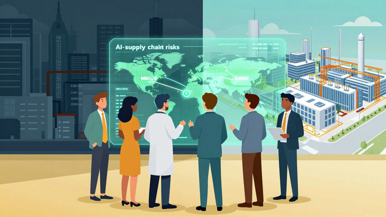 Diverse group monitoring a digital supply chain dashboard with AI and blockchain indicators.