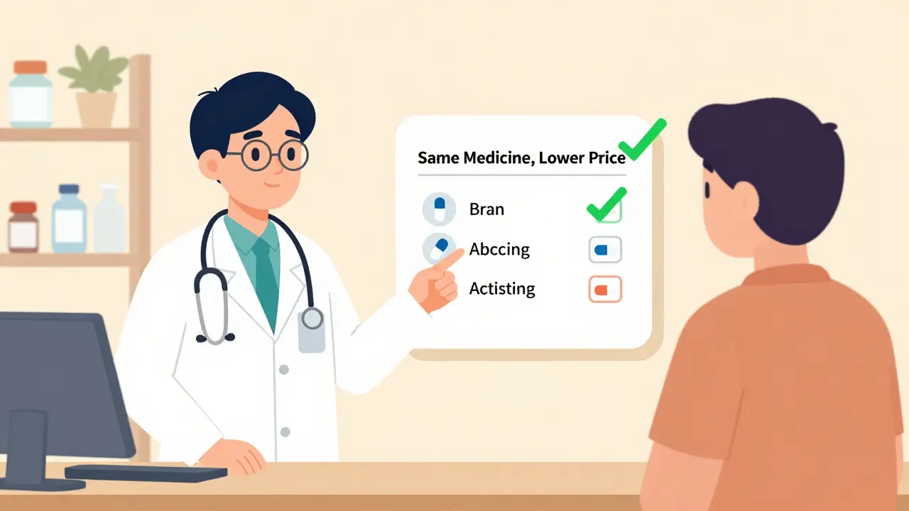 Doctor and pharmacist explaining generic drug equivalence using a simple visual chart.