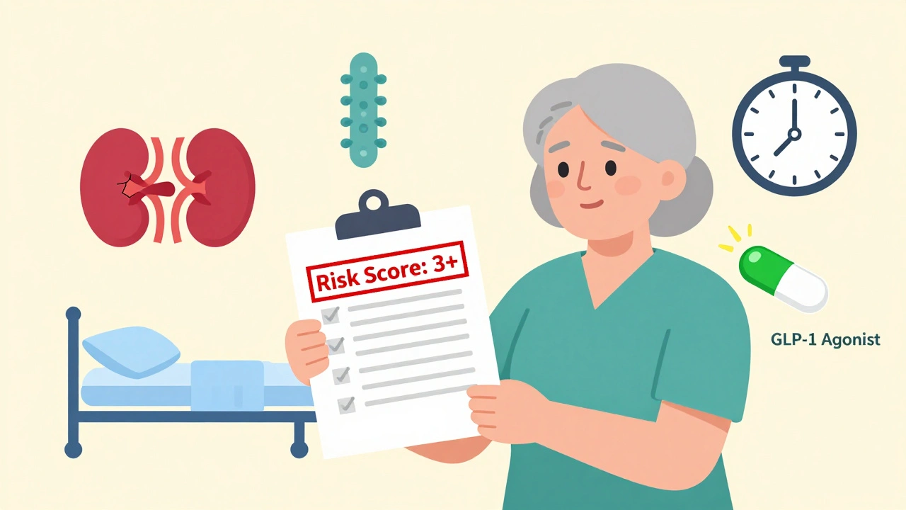 Elderly woman with high infection risk score, contrasted with safer diabetes medication alternatives