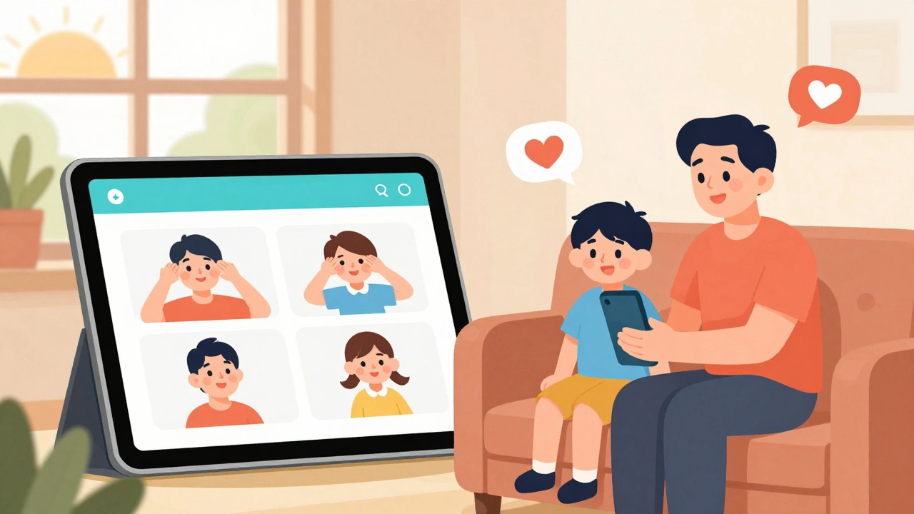Family uses telehealth app together in cozy home, symbolizing modern depression treatment.