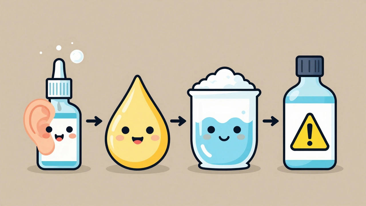 Four stylized earwax softeners as friendly characters showing different methods of action.