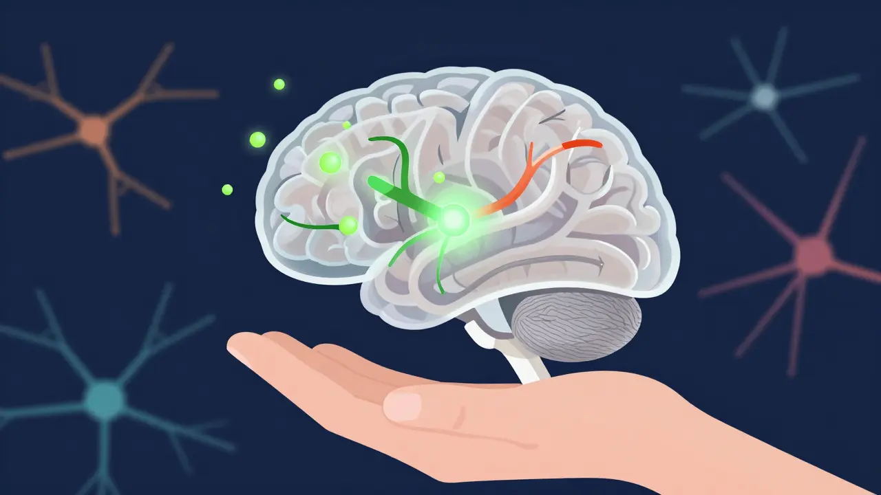 Hand holding a brain with glowing particles repairing axons and restoring neural connections.