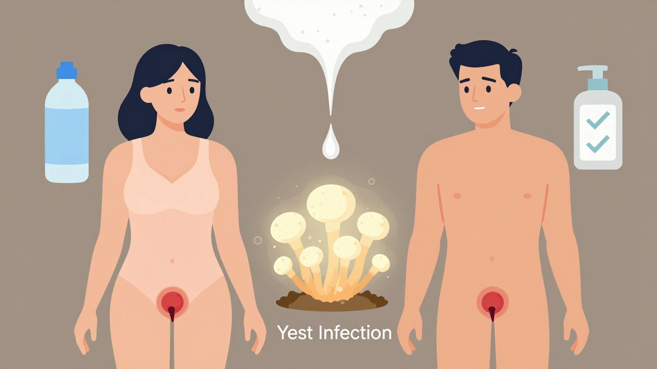 Man and woman with genital yeast infections caused by sugar in urine, shown with hygiene tips
