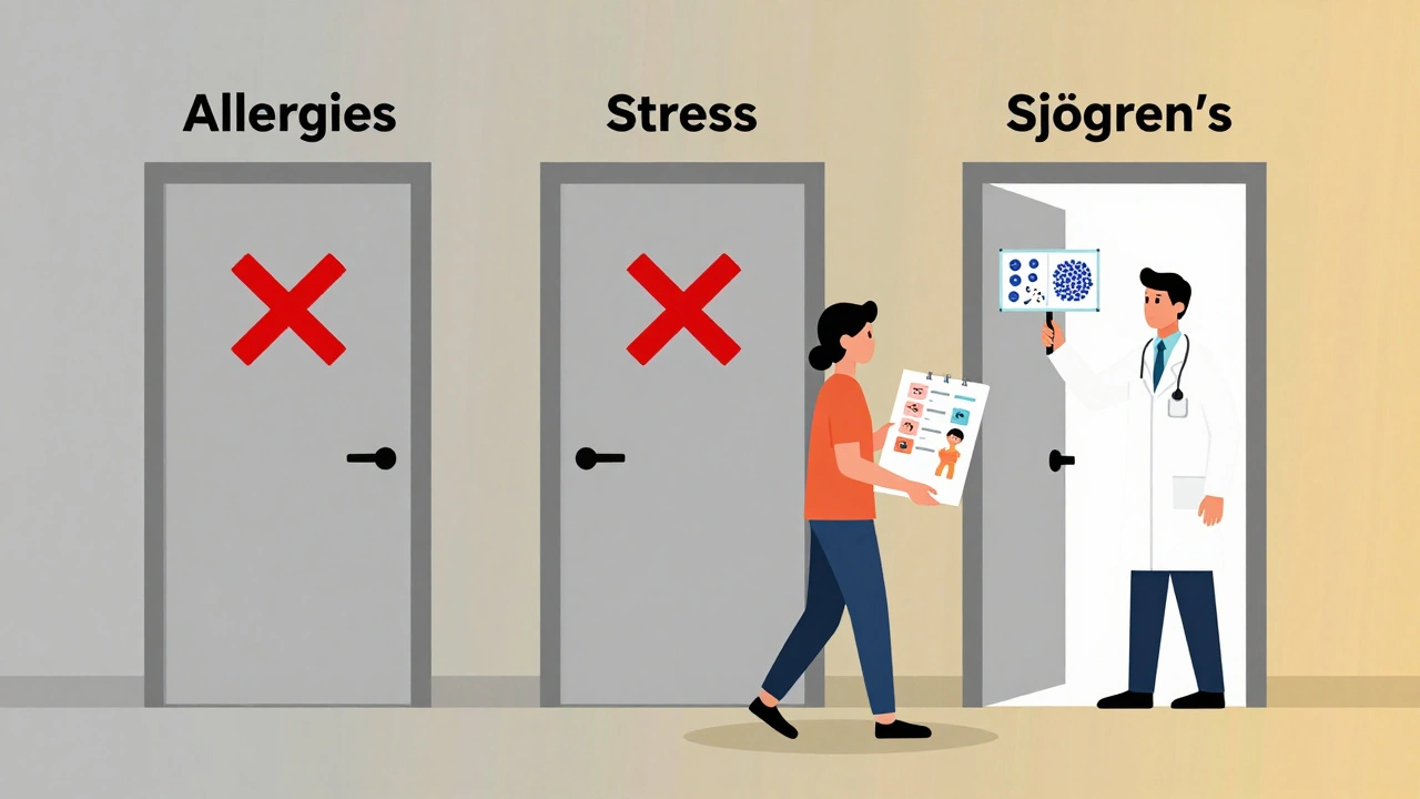 Medical journey illustration showing misdiagnoses leading to correct Sjögren’s diagnosis