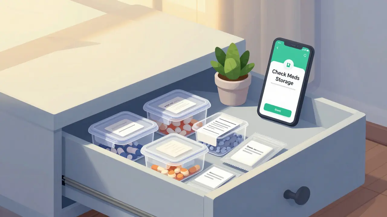 Neatly stored medications in a bedroom drawer with a phone reminder notification